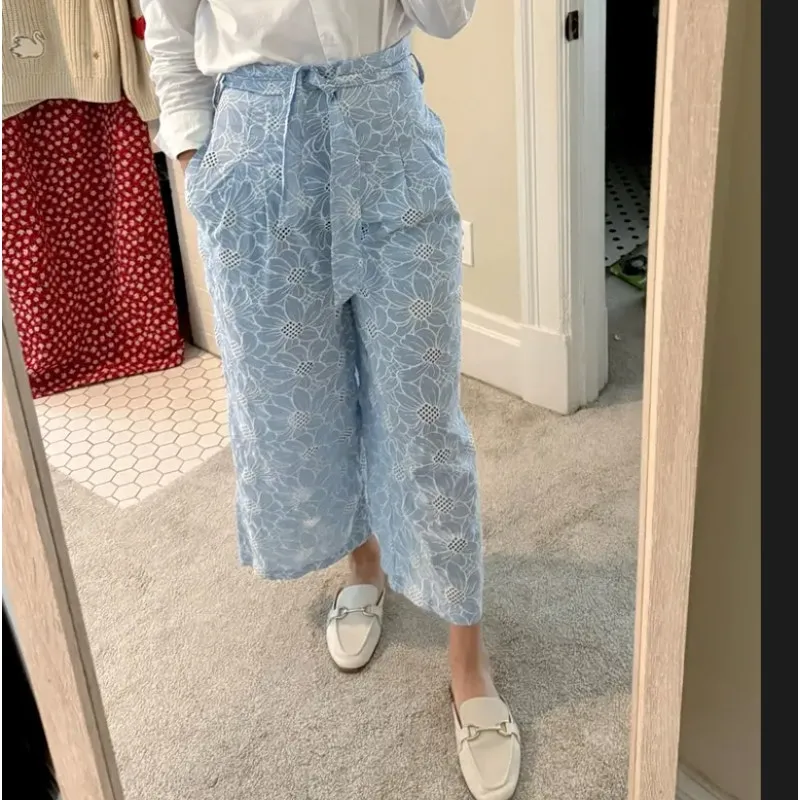 CeCe Blue White Eyelet Pants Size 4 Ankle Wide Leg Belted Cotton Vacation $119 - Image 6