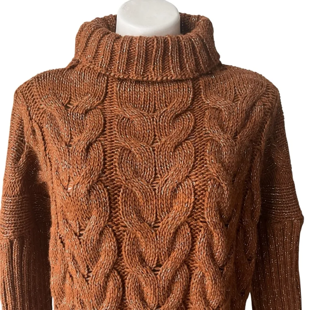 NWT, Scandal Italy Chunky Cable Knit Turtleneck Tunic Sweater, Sz L/XL Brown Size L - Image 7
