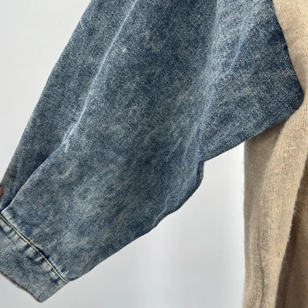 Entro Tan V-Neck denim sleeve contrast distressed sweater casual mixed material - Image 6