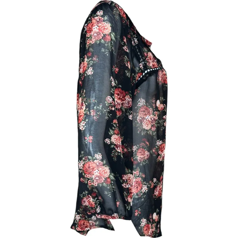Mine Womens Large Black Floral Sheer 3/4 Length Sleeve Blouse - Image 3