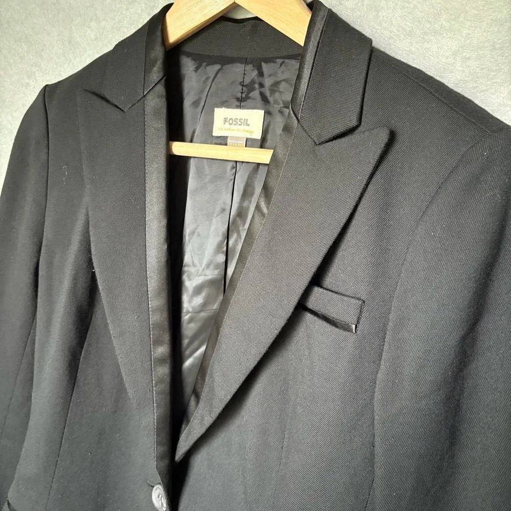 FOSSIL Blazer Womens Size 0 US Black Single Button Satin Lapel Professional Chic - Image 3