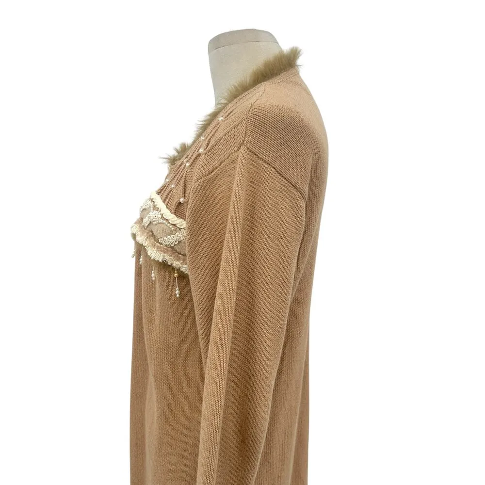 Storybook Knits Pearl Beaded Fur Trimmed Cardigan Sweater‎ Tan Camel Size Small - Image 7