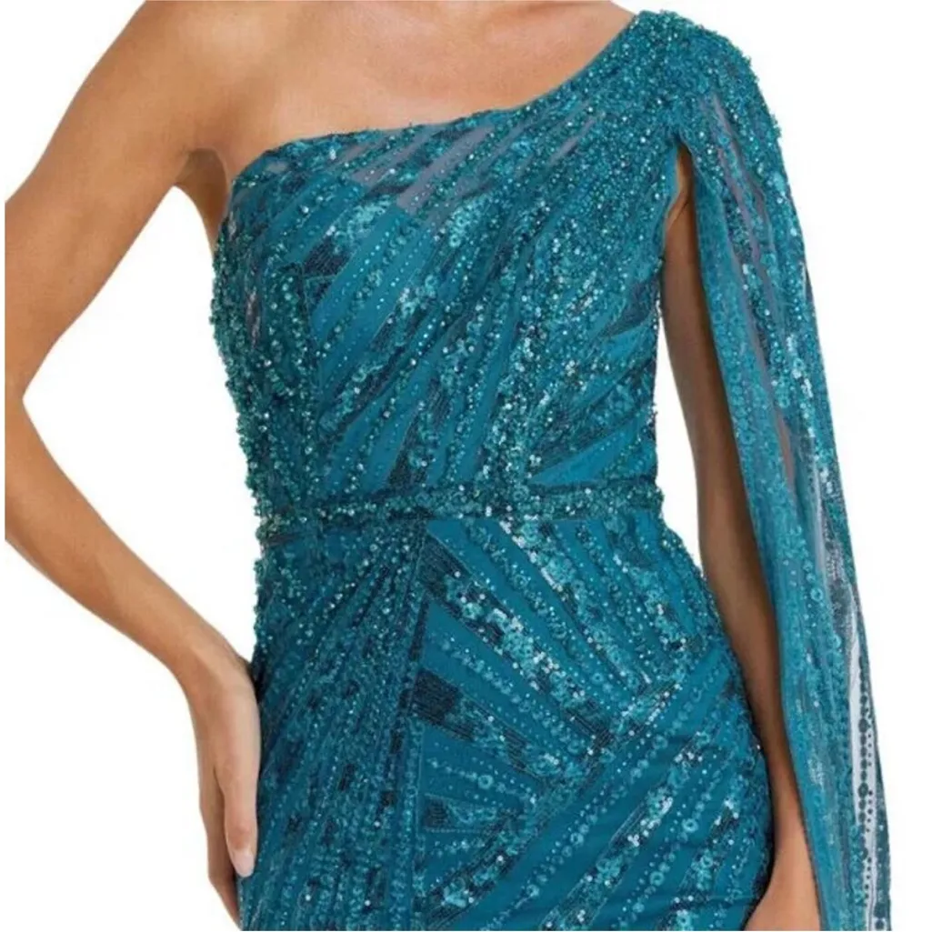 Mac Duggal 20528 One Shoulder Cape Sleeve Embellished Gown Ocean Blue Sz. 6 NEW - Image 3
