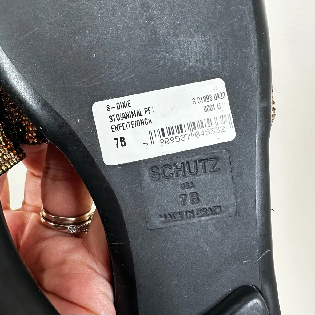 Schutz Dixie Leopard Rhinestone Sandals Womens 7 Open Toe Slide Flats - Image 4