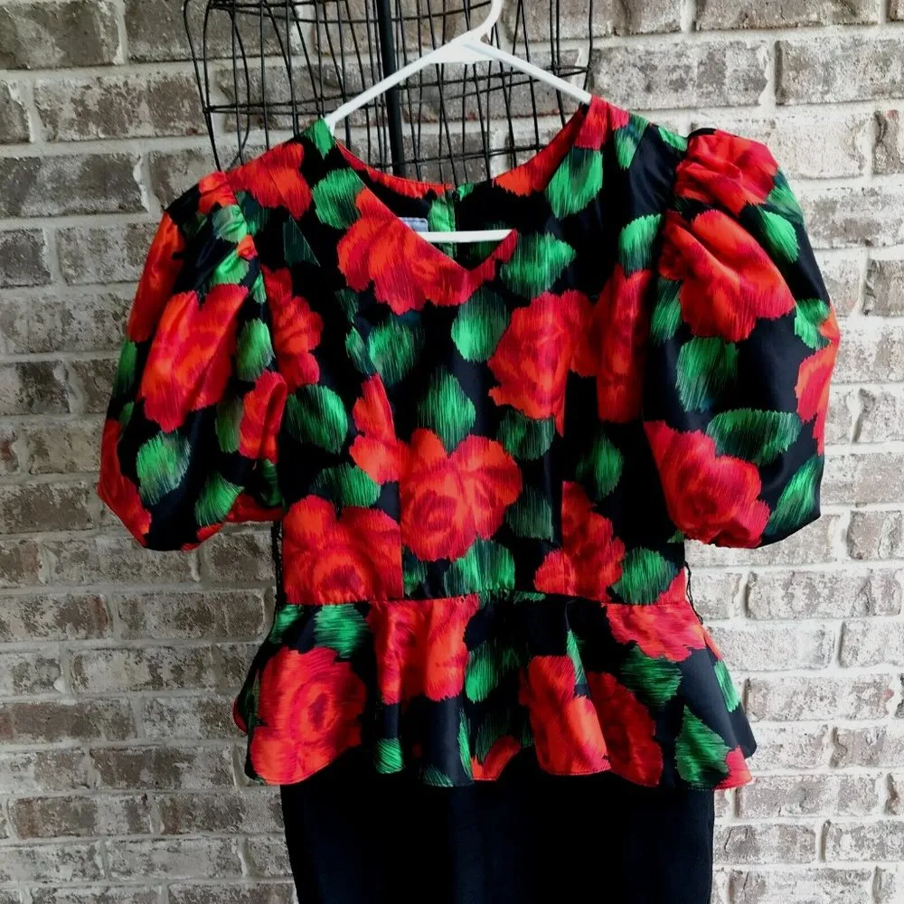 Mr. Mort Dress Black Red Floral Puff Sleeves Wedding Party Art Deco VTG… Size 8 - Image 9