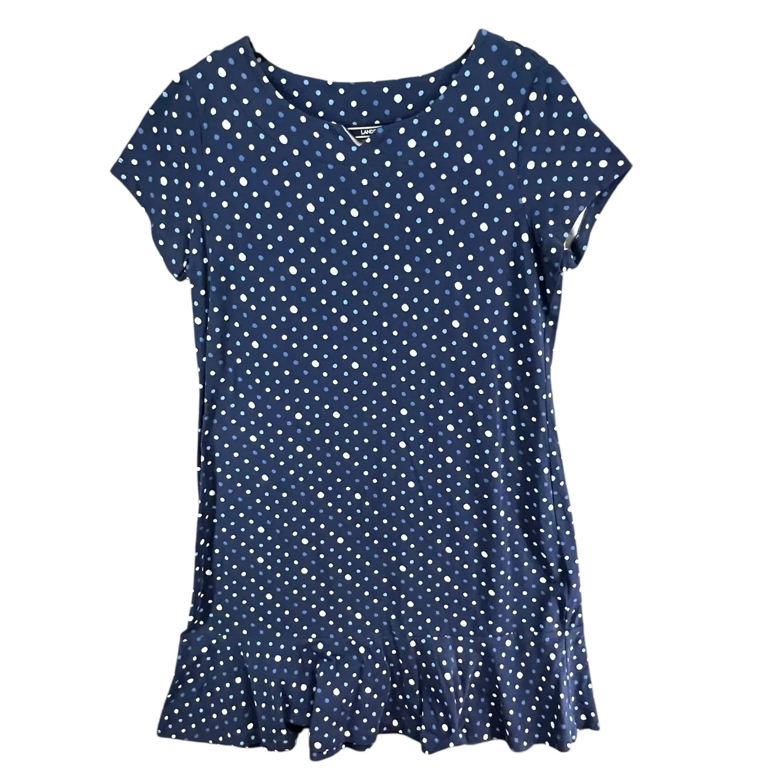 Lands End Dress Womens L Navy Blue Polka Dot Ruffle Hem Jersey Casual Coastal Size L - Image 3