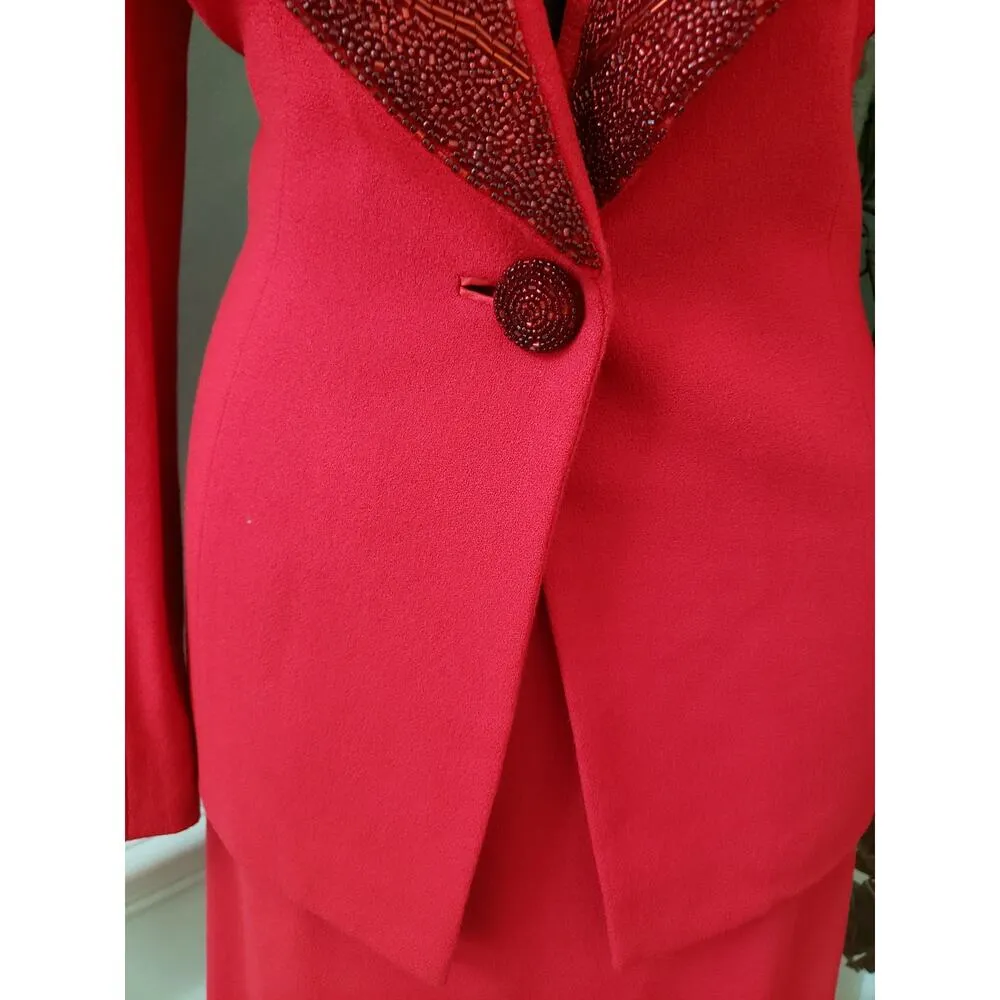 Vintage Bicci Florine Wachter Skirt Suit Set 8 Red Sngle Breasted Beaded Lapel - Image 11