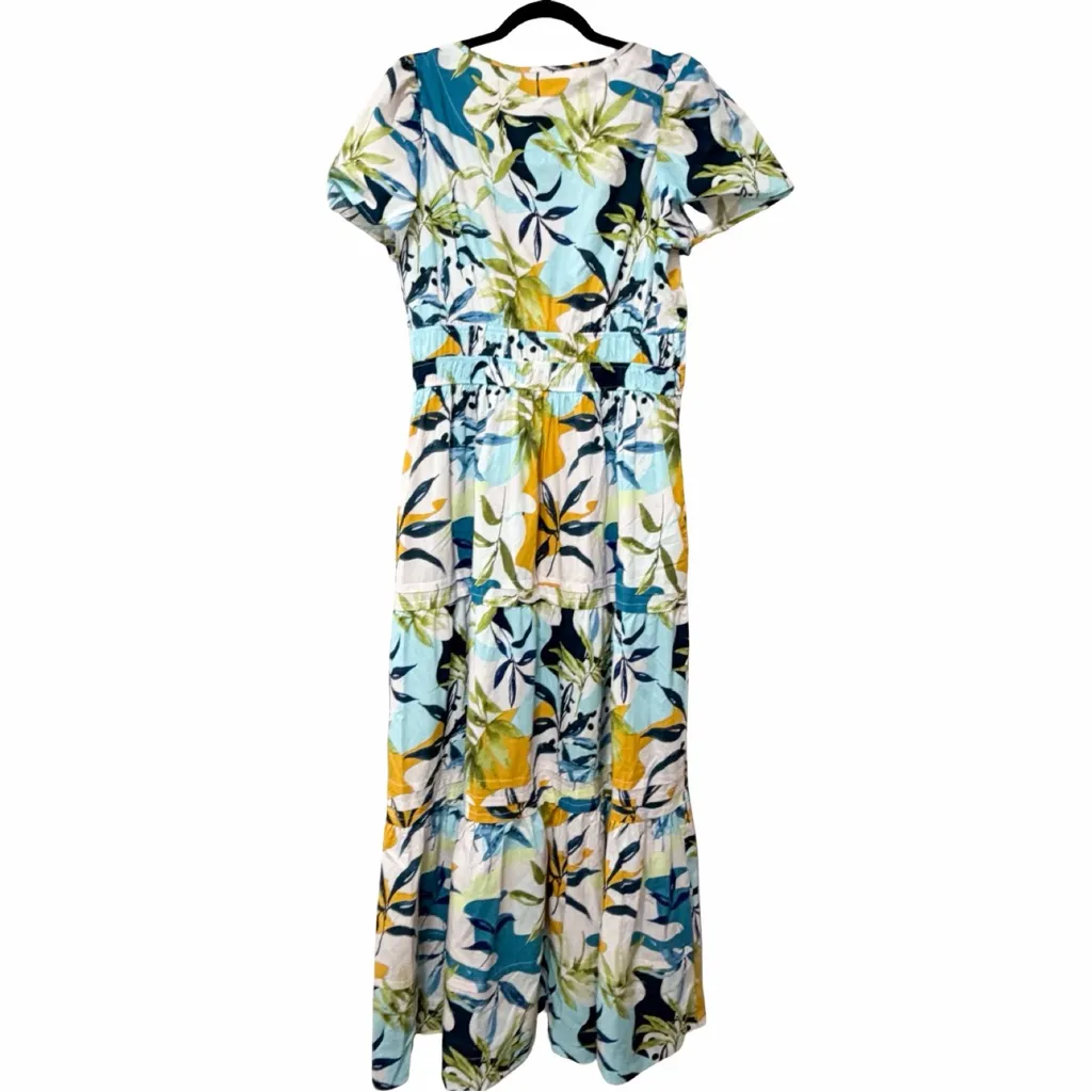 CINTHIA ROWLEY 100% Cotton Popover V-neck Tiered Long Dress Floral Rrint Sz L - Image 4