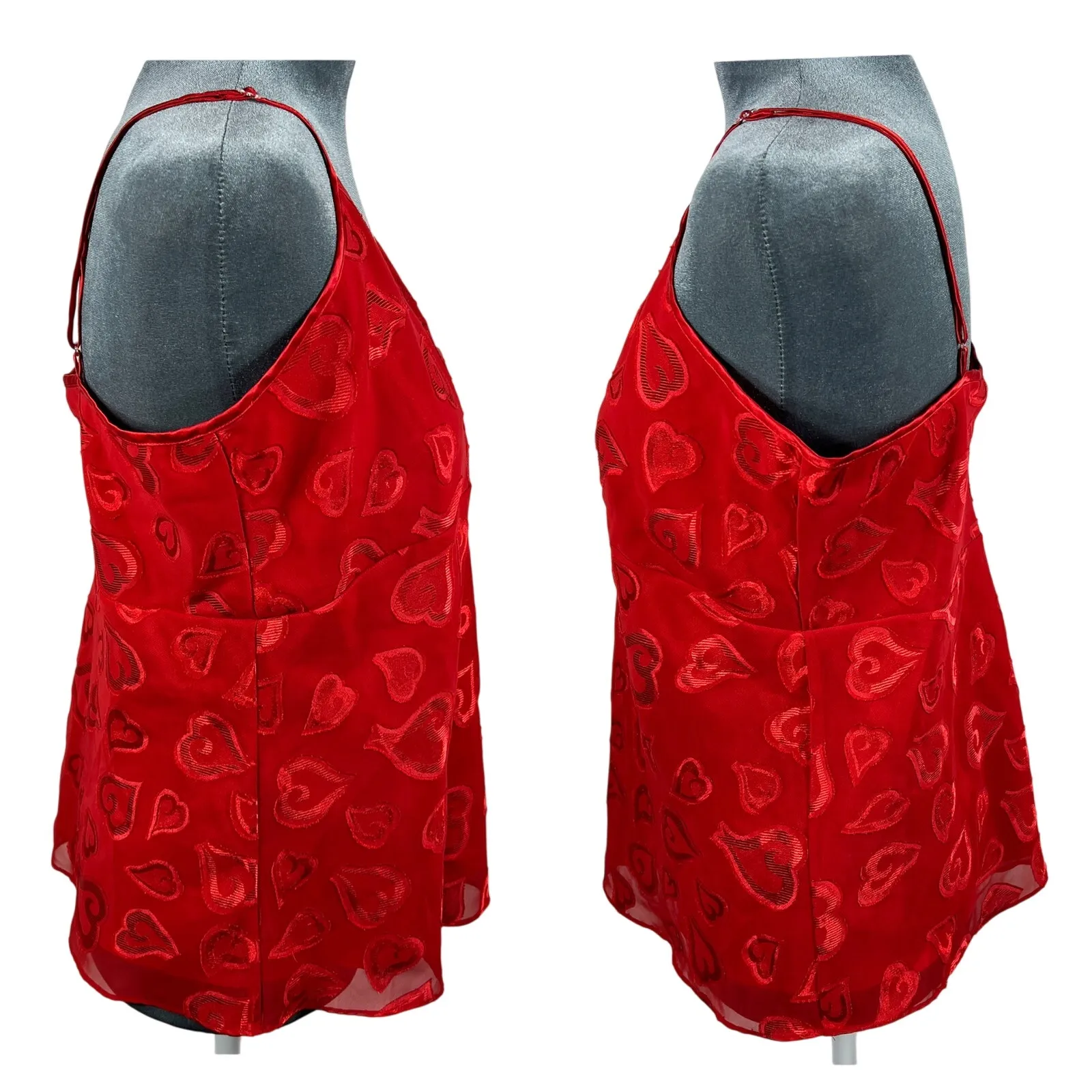 Y2K Babydoll Camisole Tank Top Medium Red Textured Hearts Mesh Overlay Satin Vtg - Image 14
