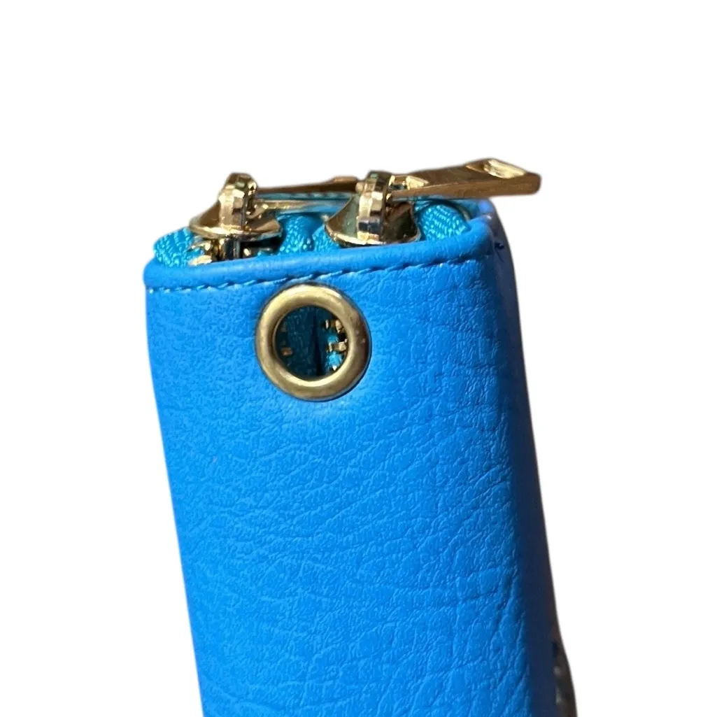 Blue Faux Leather Wallet Wristlet with Gold Accent and Multiple Zipper Pockets - Image 3