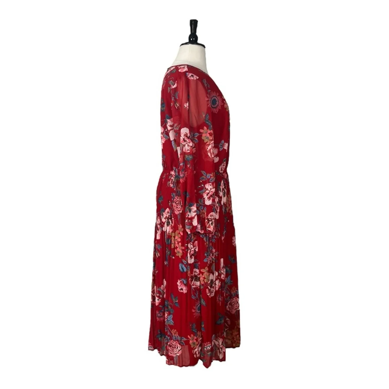 Ava & Viv Midi Dress Pleated Long Sleeves Red Multi Floral Women’s Size 1X - Image 5