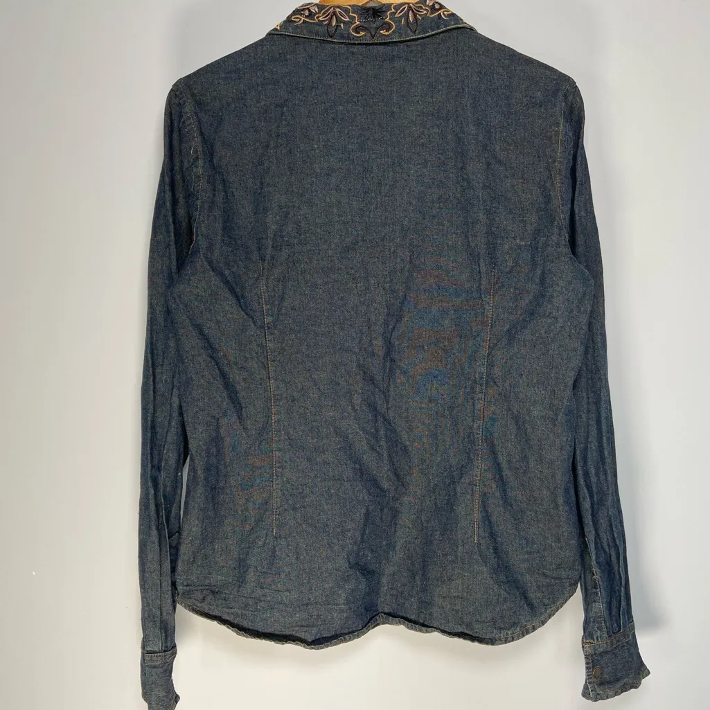 Vintage Denim Button Up Shirt Chambray Embroidered Western Coastal Cowgirl Rodeo Blue Size L - Image 7