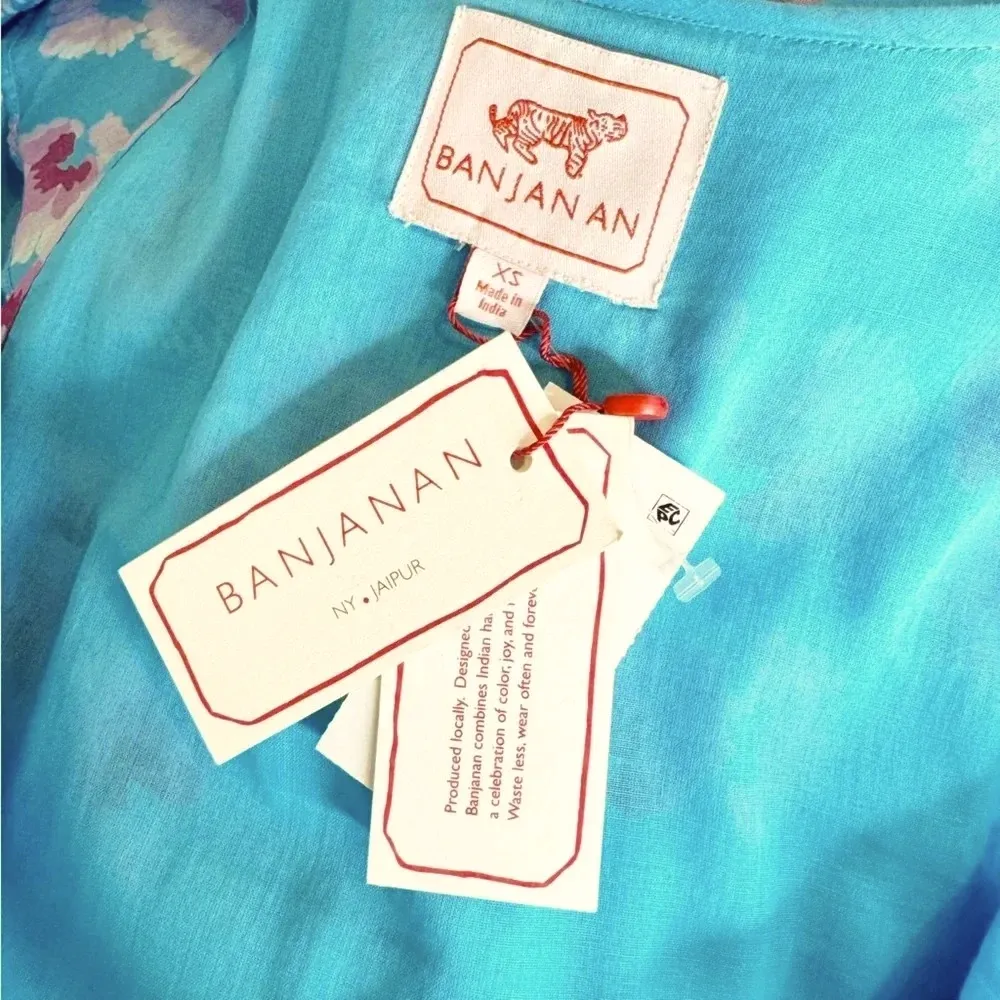 NWT Banjanan Anthropologie Elise Cotton Floral Wrap Midi Dress Blue Size XS - Image 6