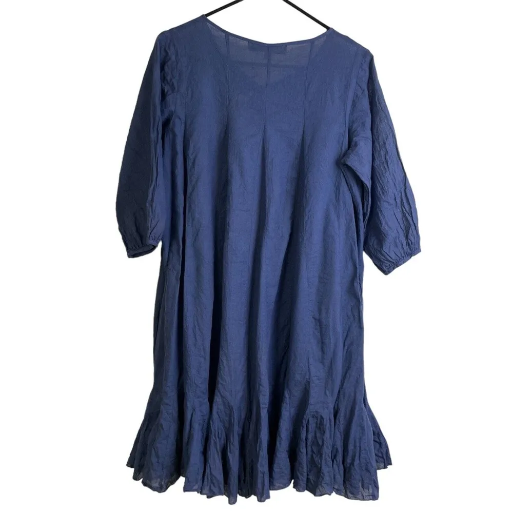 JP and Mattie Tie Neck Dress Blue Crop Sleeves Boho Lagenlook Cotton Size P - Image 2