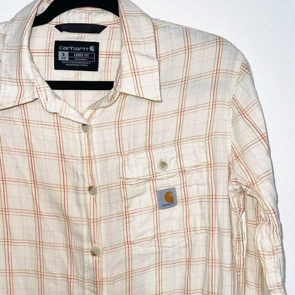 Loose Fit 100% Cotton Cream Button Down Plaid Shirt - Image 2