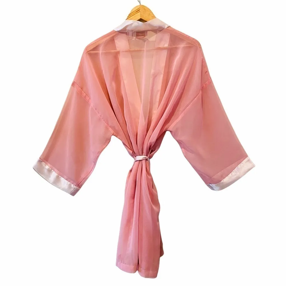 VICTORIA’S SECRET Vintage Gold Label 3 Piece Top Pant Robe Set Pink Semi Sheer S - Image 9