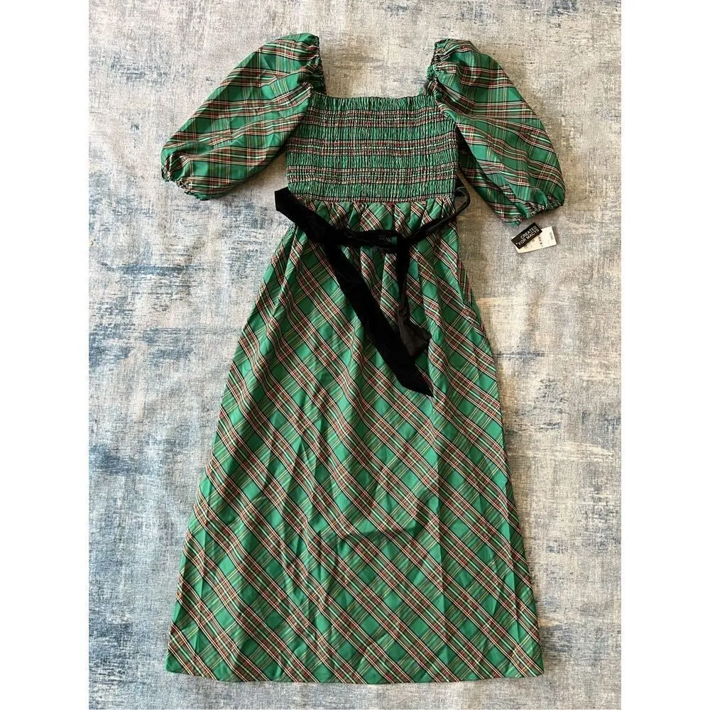 NWT! INC International Concepts Green Red Metallic Plaid Belted Midi Dress Small Green - Image 2