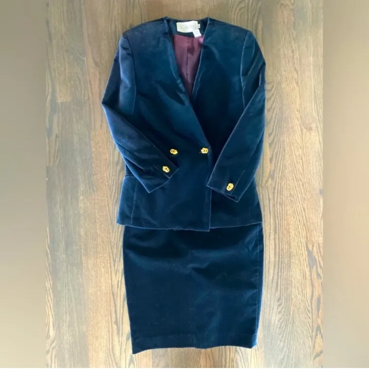 Vintage 80s JH Collectibles 2pc Navy Velvet suit blazer skirt 6 8 Blue - Image 9