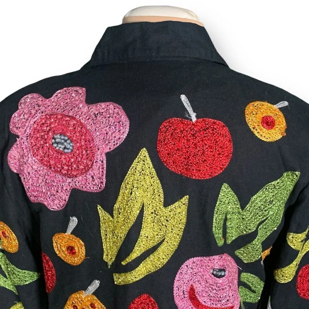 Vintage 90s Shirt Jacket Black Oversized Multicolor Fruit Floral Printed Shacket Size M - Image 3