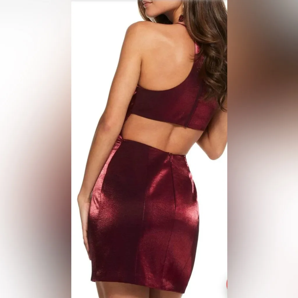 Sherri Hill 53004 Short Halter Neck Sheath Dress in Wine Color Size 10 - Image 2