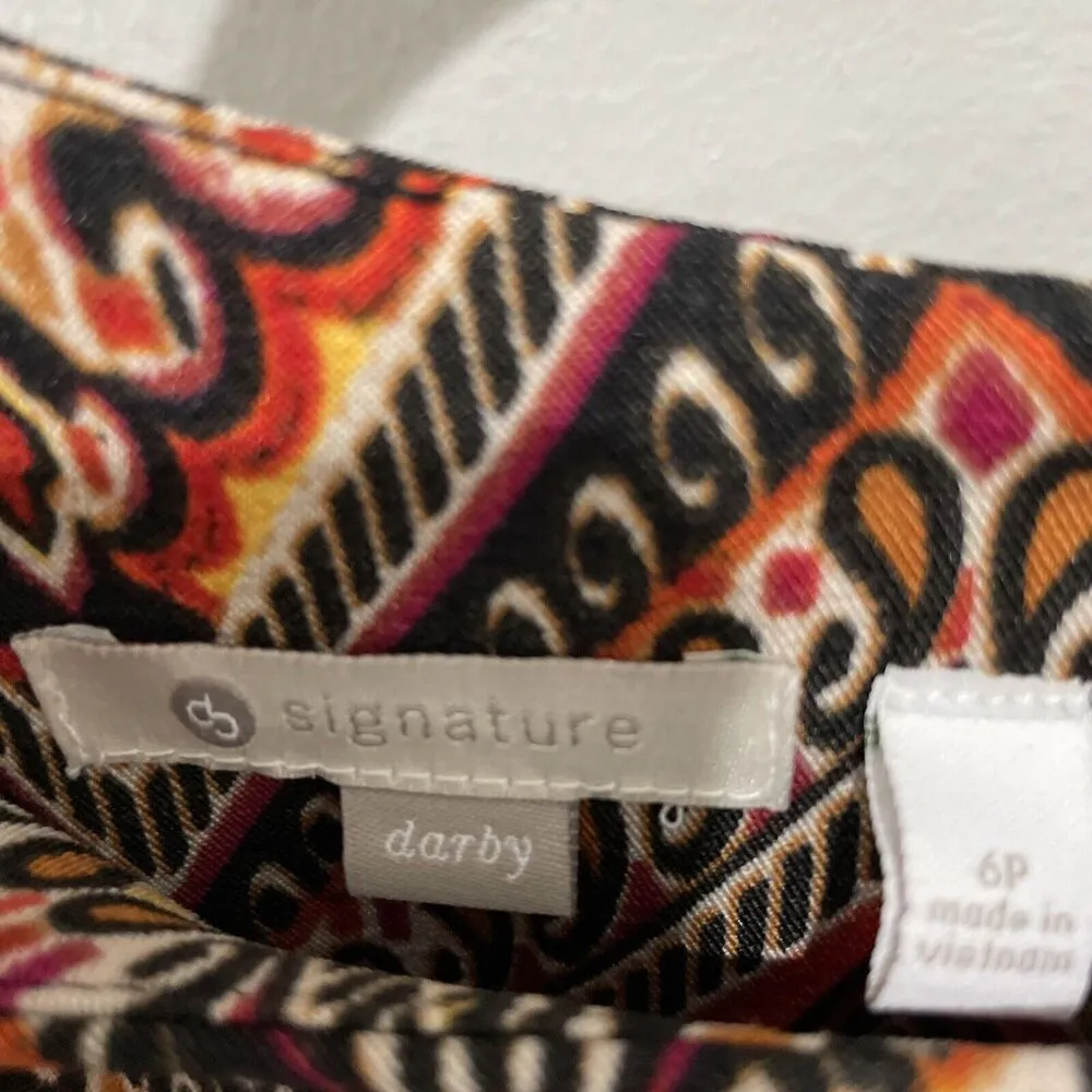 Signature Darby Women Sleeveless Fit & Flare Belted Dress Size 6P Multicolor Art Black - Image 5