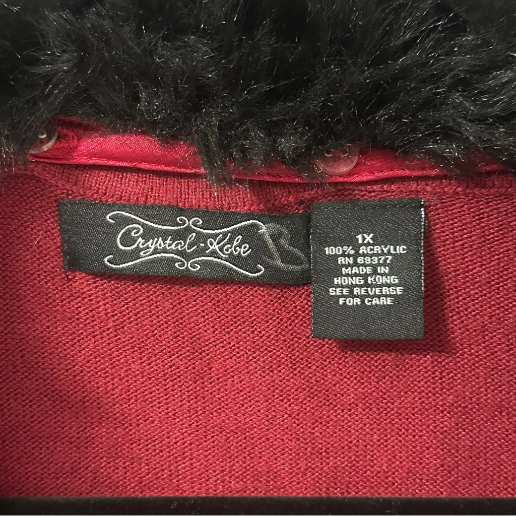 Y2K Crystal Kobe 1X Wine Red Beaded + Fur Shrug Cardi Black Size XL - Image 4