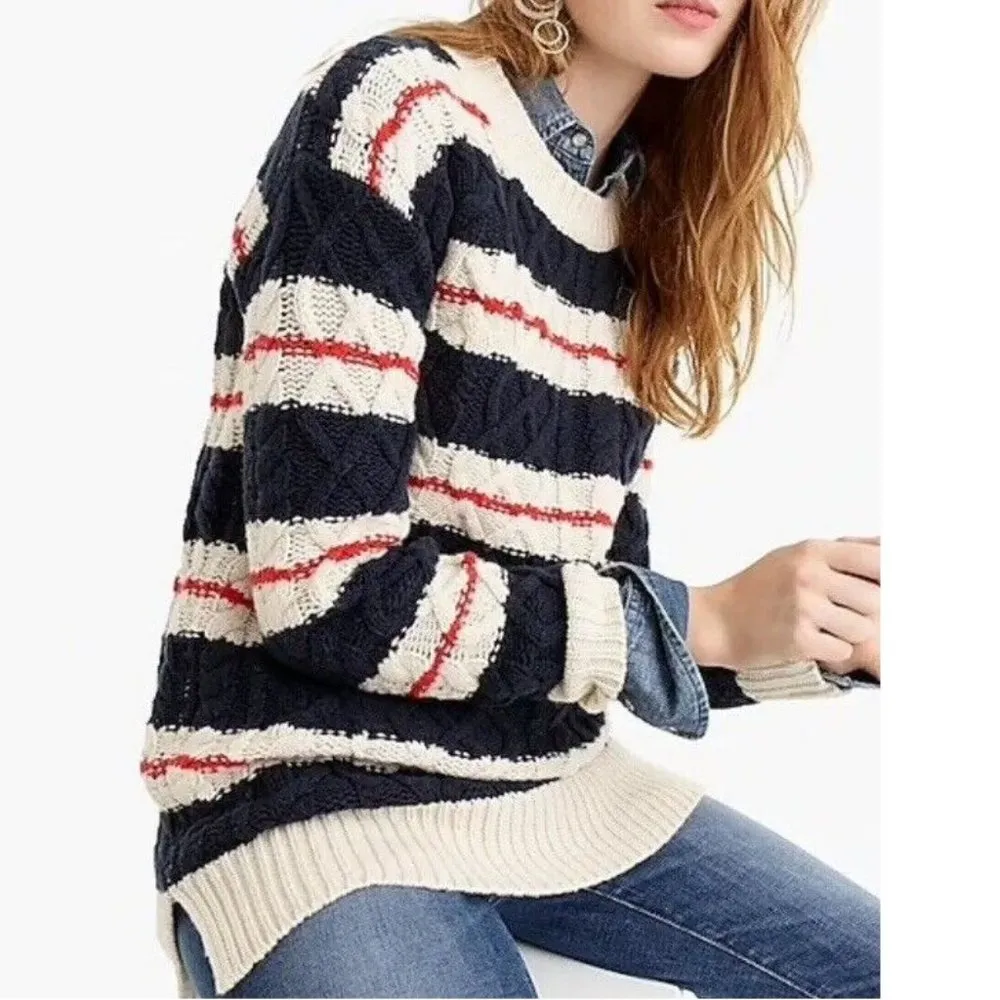 J. Crew Gabby Striped Cable Knit Merino Wool Blend Sweater K4655 Size Medium - Image 2