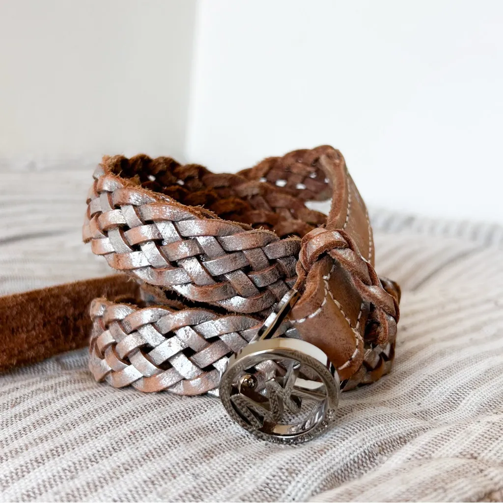 Michael Kors Metallic Silver Braided Leather Skinny Belt - Image 2