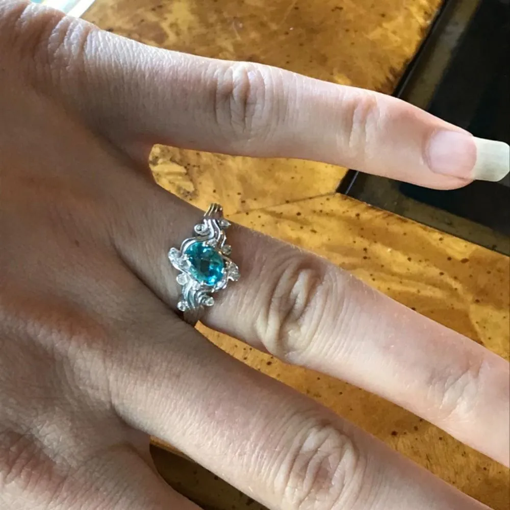 Natural Blue Apatite Sterling Silver Wave Ring Size 6 - Image 2