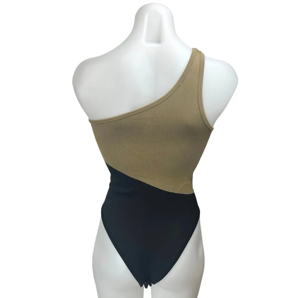 Aura Tan Black Sleeveless One Shoulder Rib Beaded Camisole Bodysuit Tank Top S/M - Image 2