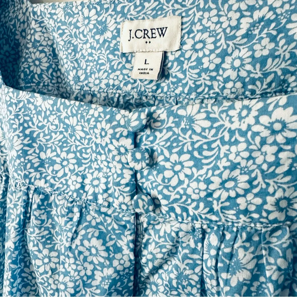 J. Crew Blue Ditsy Floral Top Cotton Ruffle Sleeve Square Neck Size L - Image 5