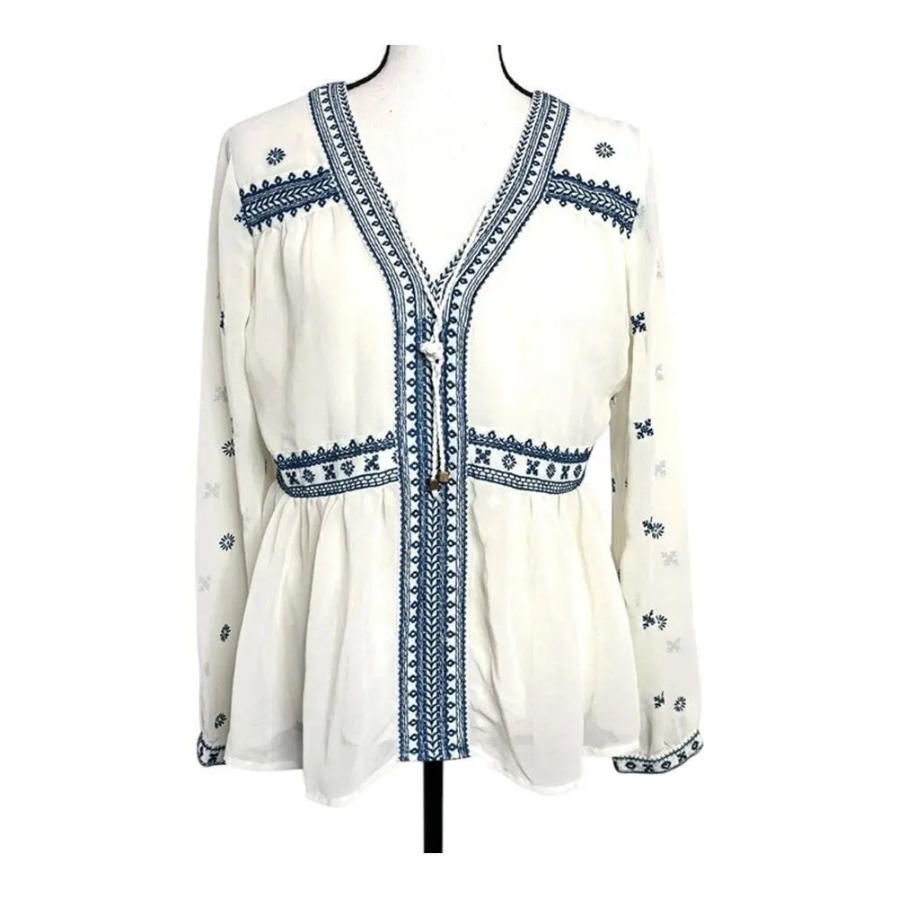Boho Chic Small Navy Embroidered Peasant Top Flowy Chiffon Sheer Long Sl…​ Blue - Image 3