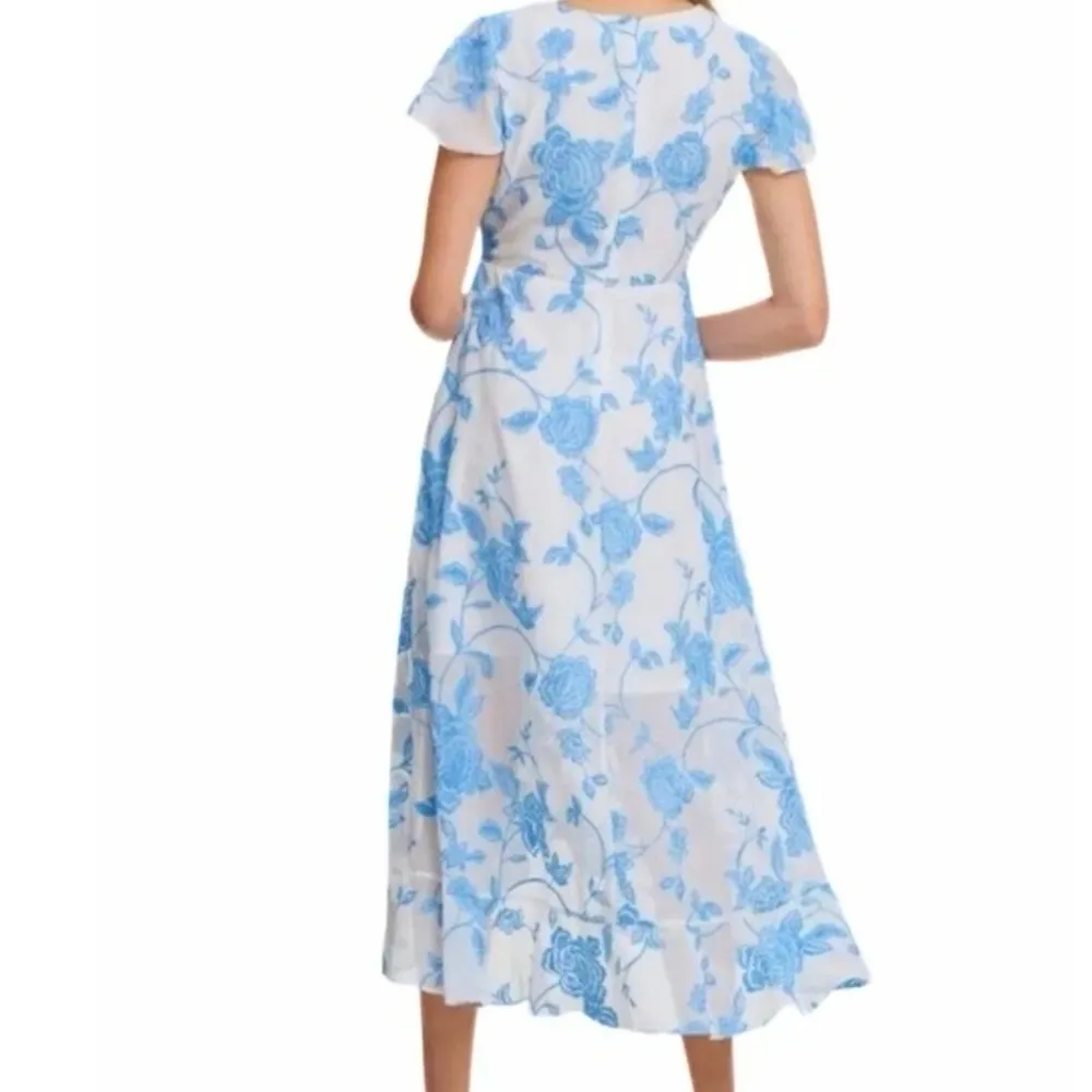 Kensie White & Blue Floral Embroidered Short Sleeve Ruffle Wrap Midi Dress - Image 3