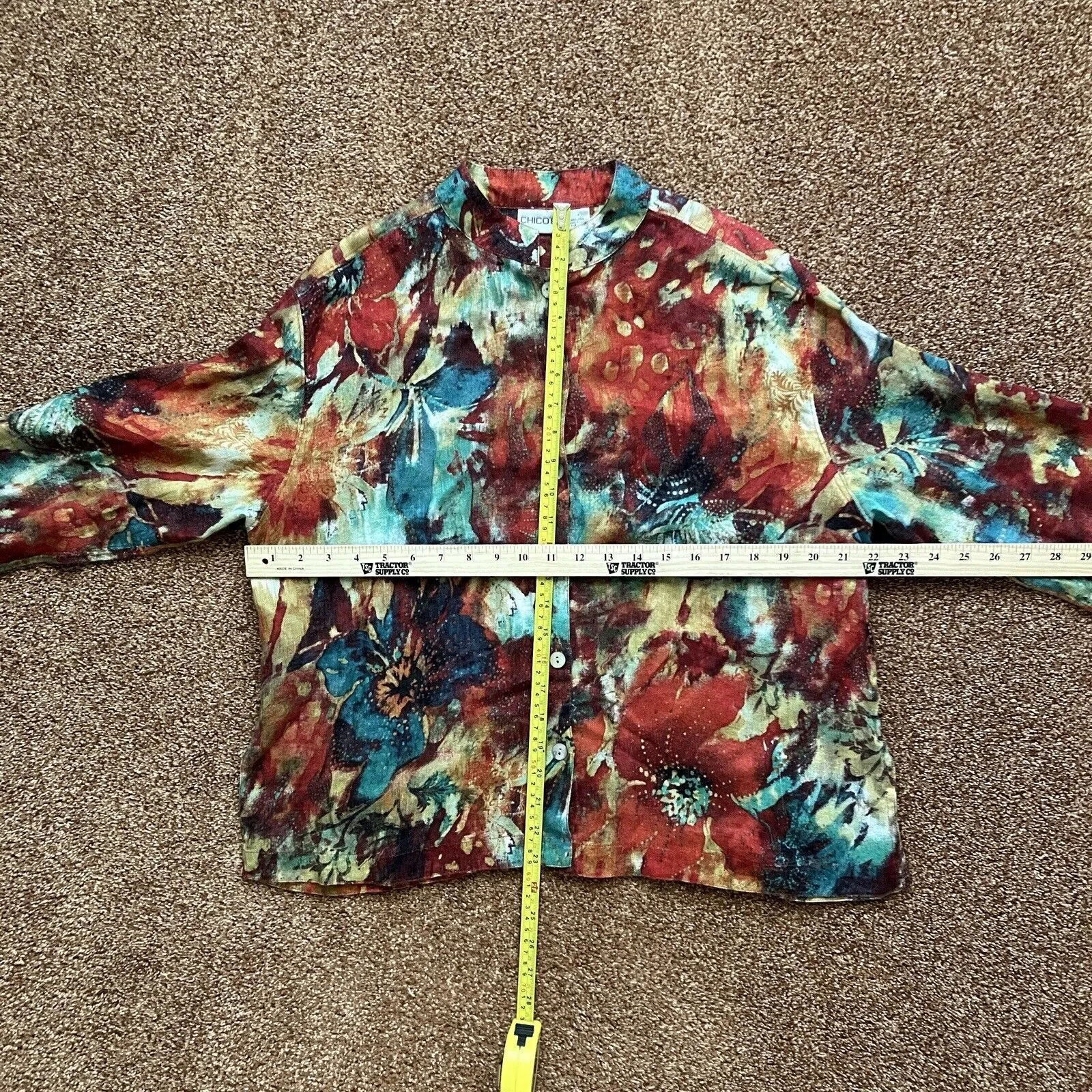 Chico's Shirt Women 2 Large Orange Blue Floral Linen Water Color Artsy Festival - Image 9