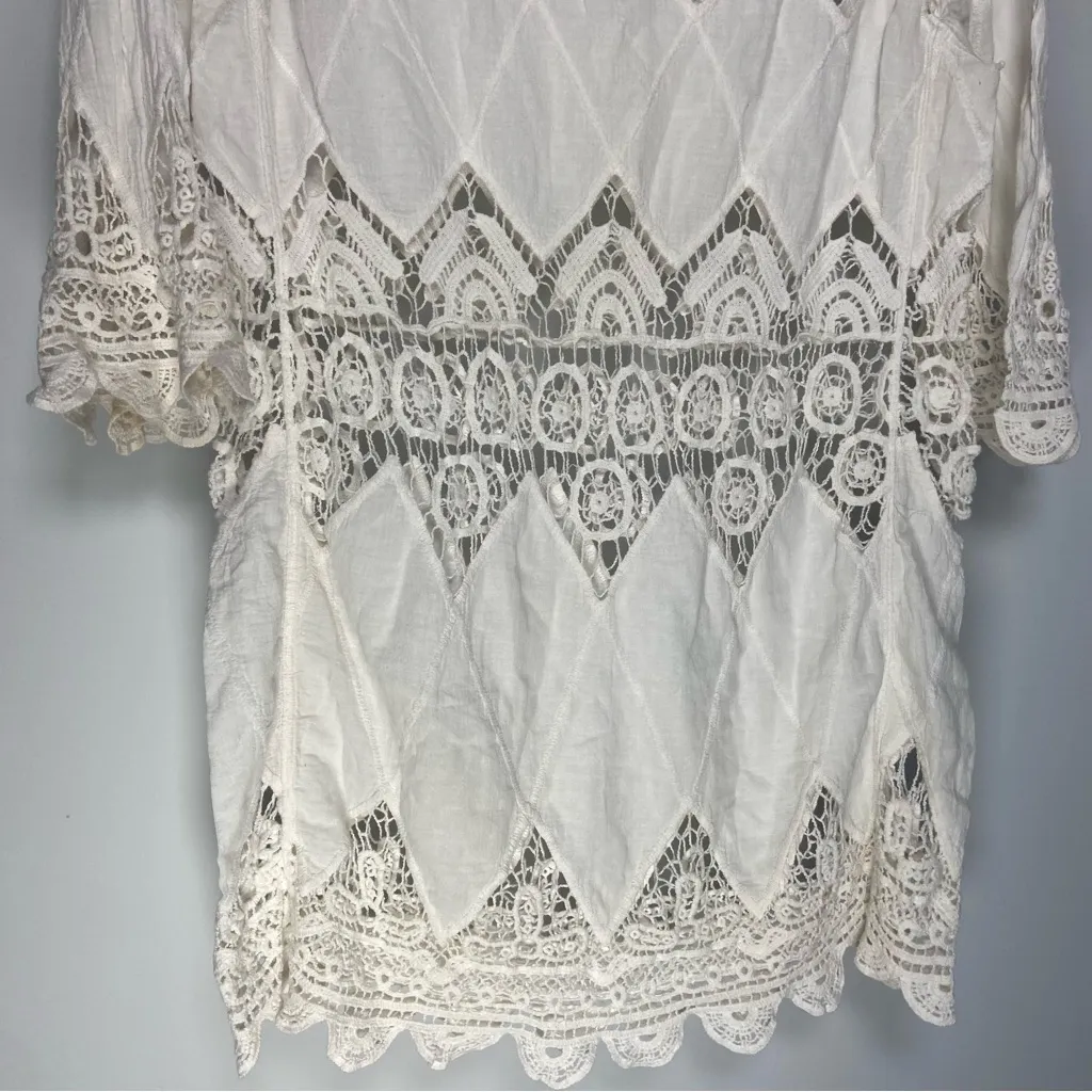 White Lace Crochet Top Beach Cover Up Boho Fairy Cottage Coastal Pilyq Size S PQ - Image 9