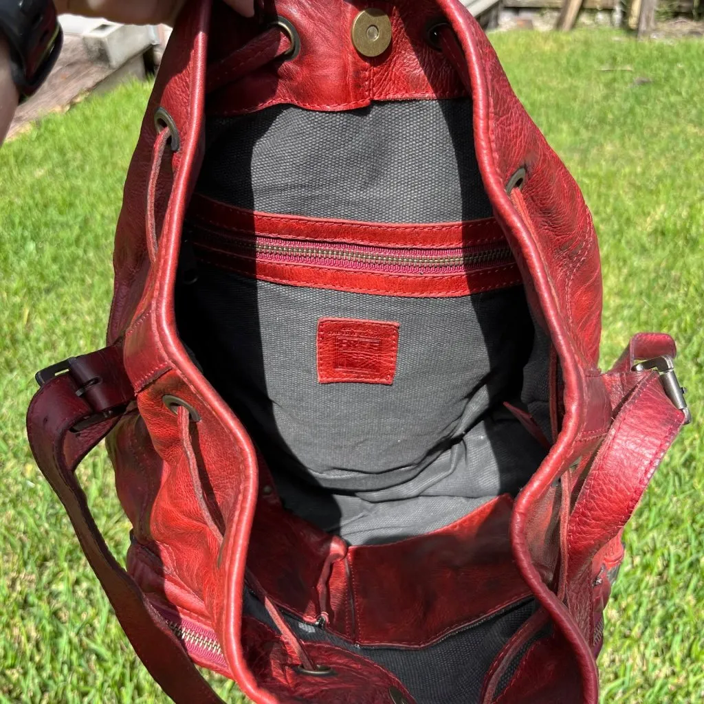 Frye Brooke Red Leather Studded Distressed Drawstring Bucket Bag - Image 4