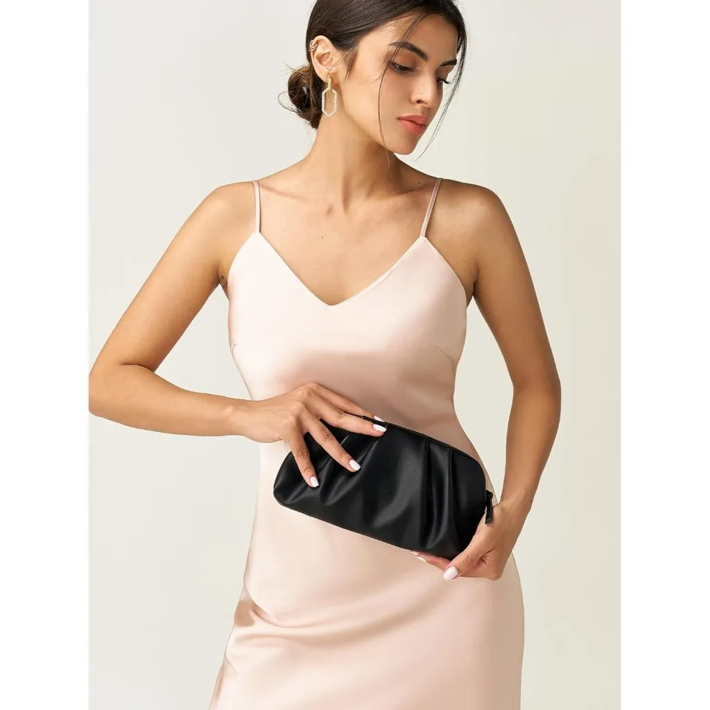 ⚡Women's Soft Pleated Vegan Leather Zipper Closure Evening Black Clutch Bag - Image 2