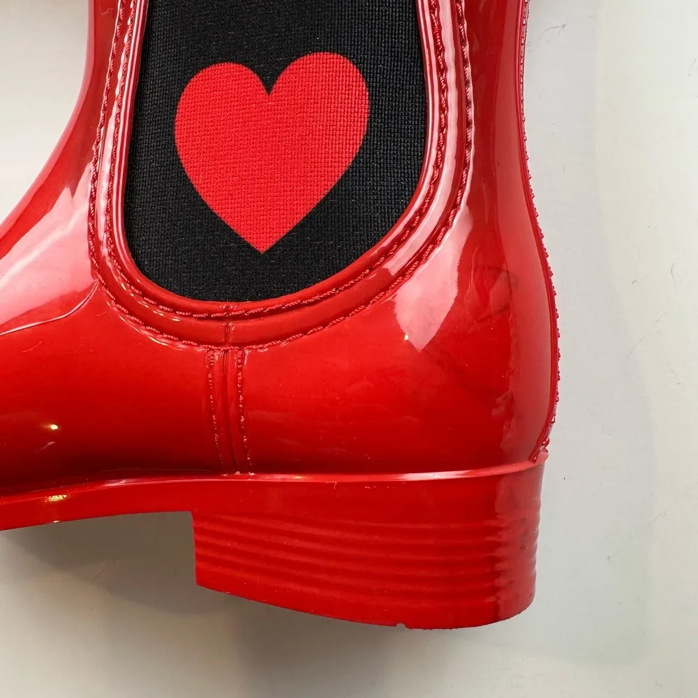 Love Moschino Chelsea Wellington Rain Boots Red Heart Glossy PVC Ankle 37 7US - Image 6