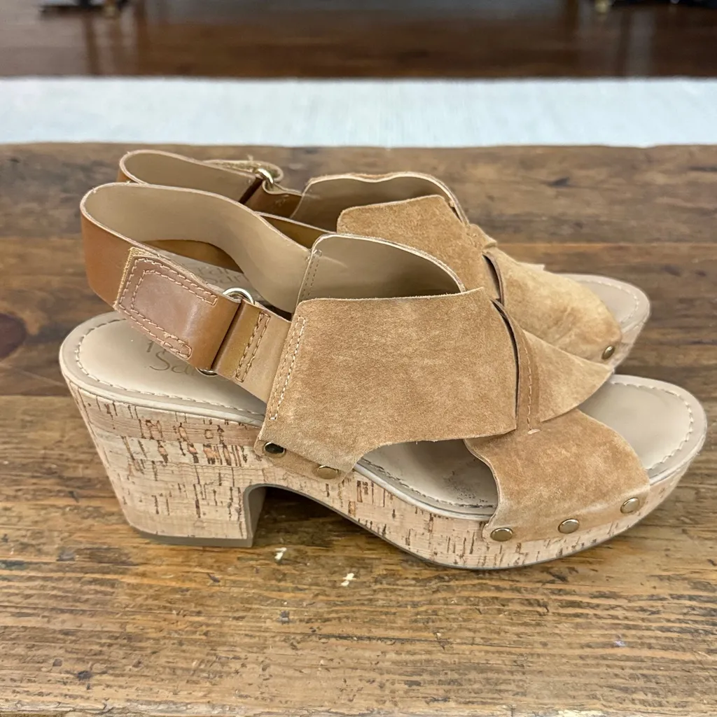 Franco Sarto Tan Suede Open Toe Cork 3" Platform Sandals Size 9.5 - Image 4