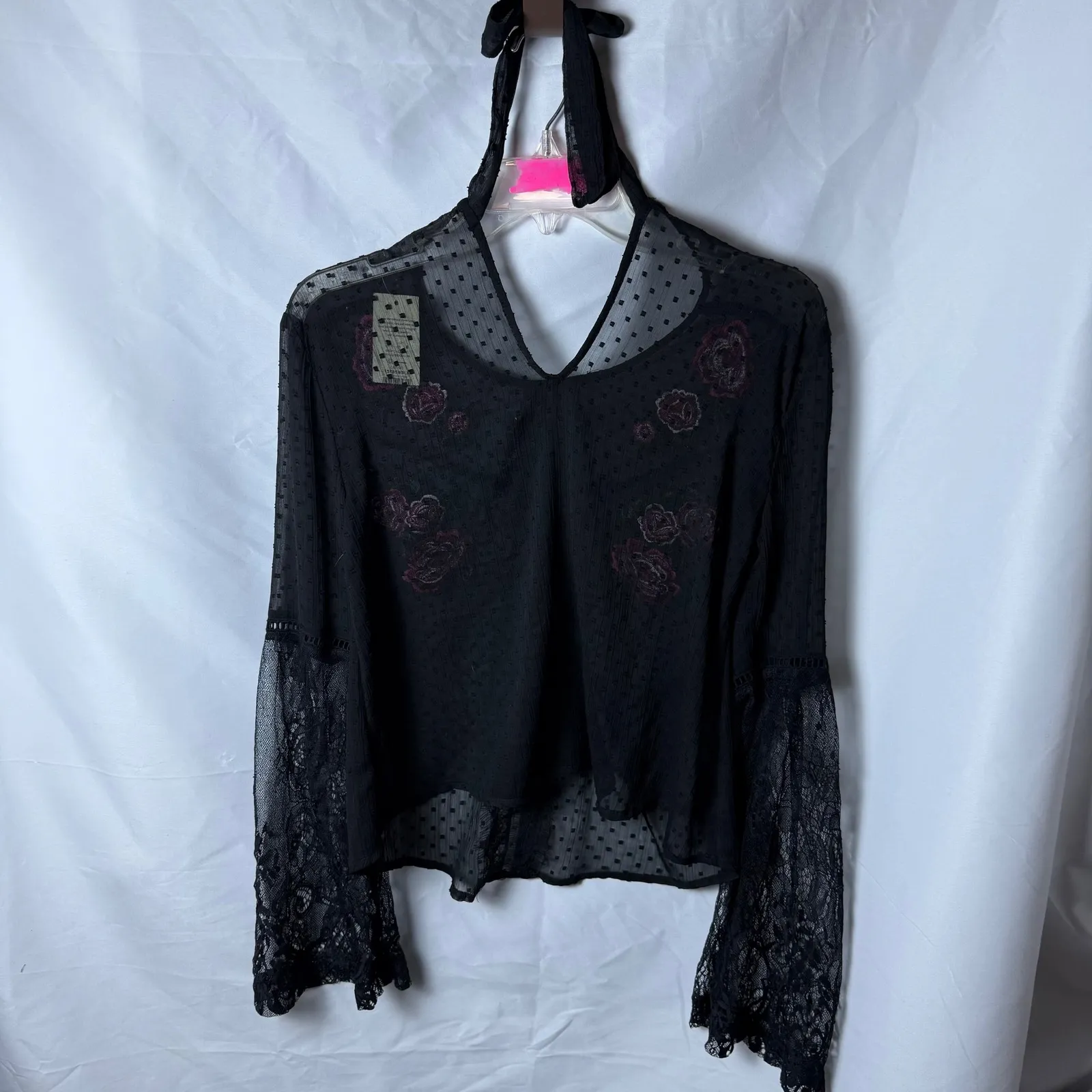 Miss Selfridge Black Embroidered Floral Bell Sleeve Sheer Top Size 4 NWT - Image 5