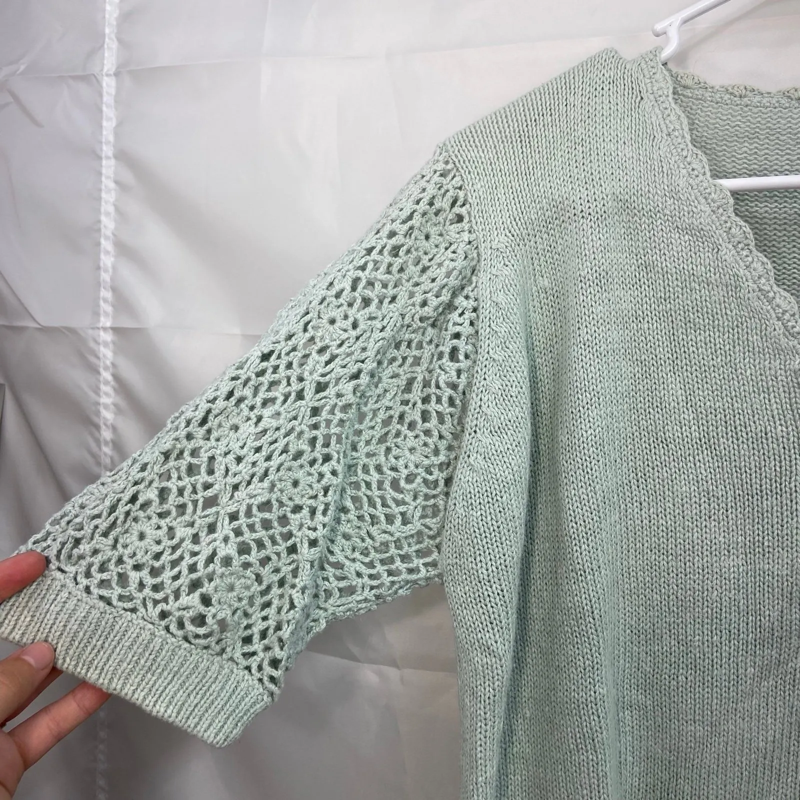 Vintage Margules women's mint green‎ pearl button crocheted cardigan sweater S - Image 2
