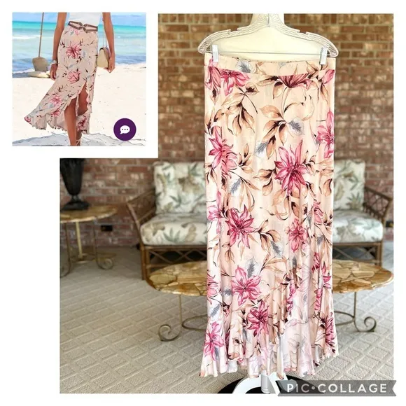 Lascana Maxi Skirt Pink Floral Ruffled Split Front 8 Vacation Brunch Party Mod - Image 2