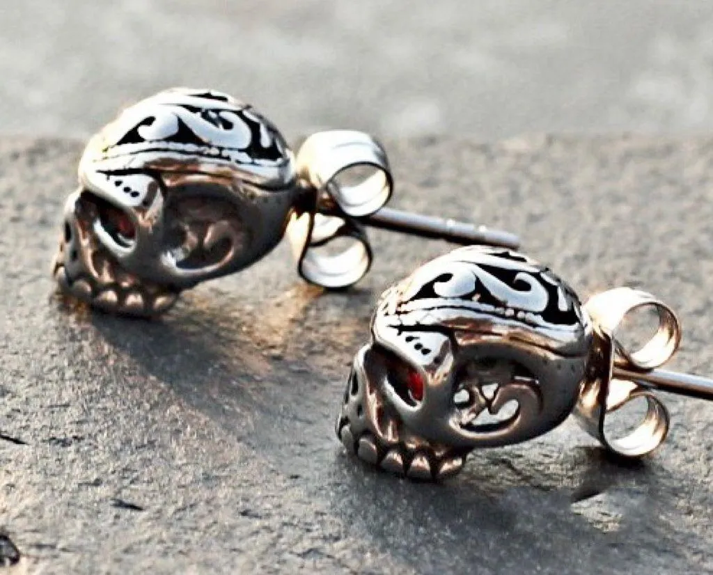 925 Silver Plated Skull Stud Earrings for Men Women,Punk Hip Hop Earrings - Image 3