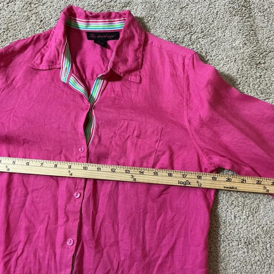 Lily Stanhope Pink Linen Button Up Shirt 3/4 Sleeve Collared Top Women's Costal Size L - Image 3