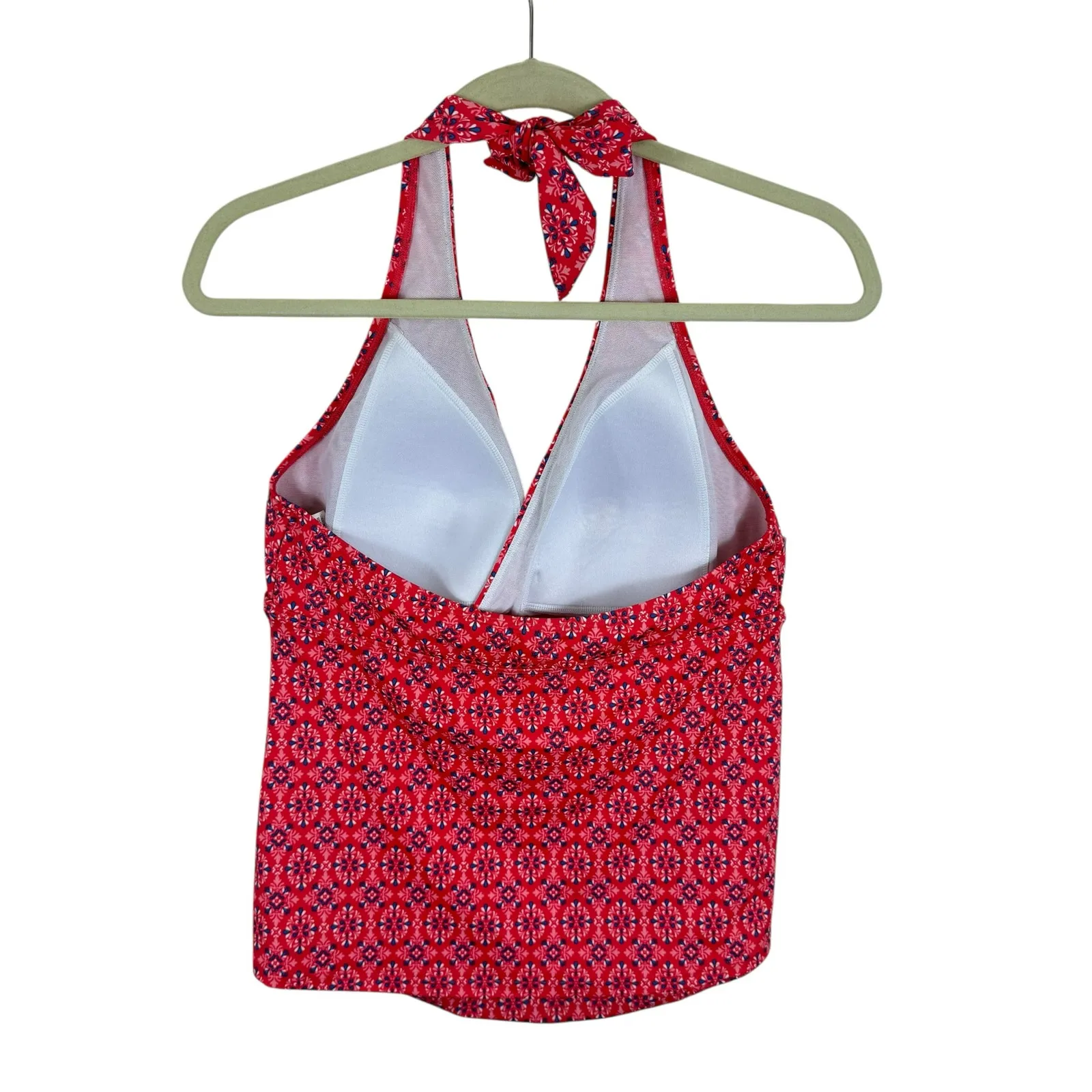 L.L. Bean UPF 50+ Nylon Pink Coral Blue Ruched Padded Halter Tankini Top Size 14 - Image 2