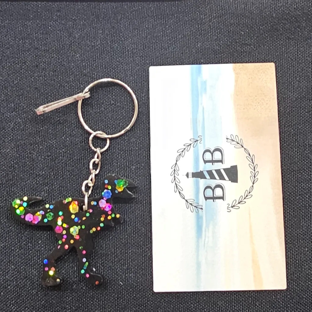 Handmade  Beautiful Beacons Rainbow Black Velociraptor Dinosaur Keychain - Image 3