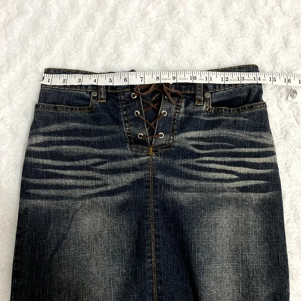 Vintage Y2K Street Code Blue Dark Wash Denim Lace Up Boho Midi Skirt 3/4 - Image 5