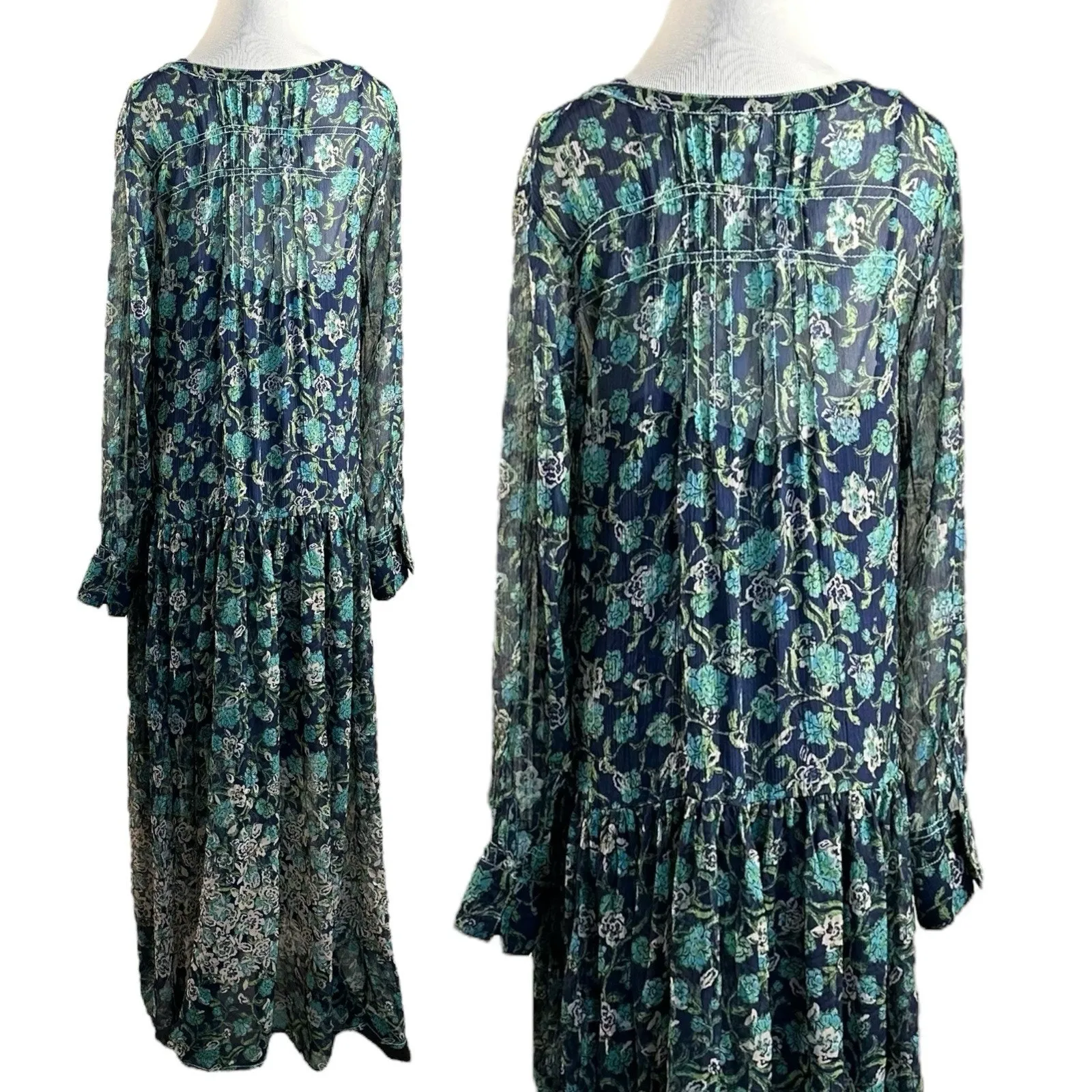 Free people Bohemian See it through Maxi Dress Twilight Floral Retro 70s Large - Image 7