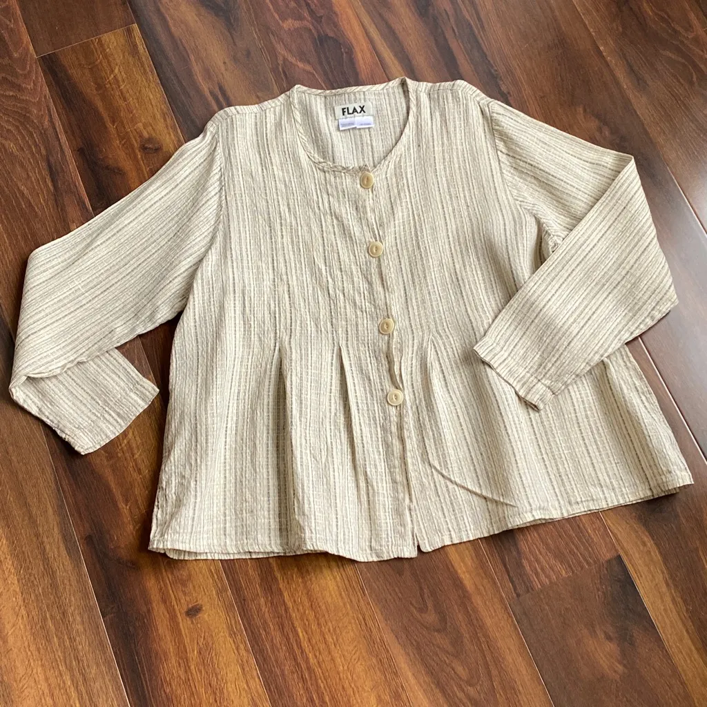 Flax 100% Linen Peplum Style Button Down Long Sleeve Top - Image 5