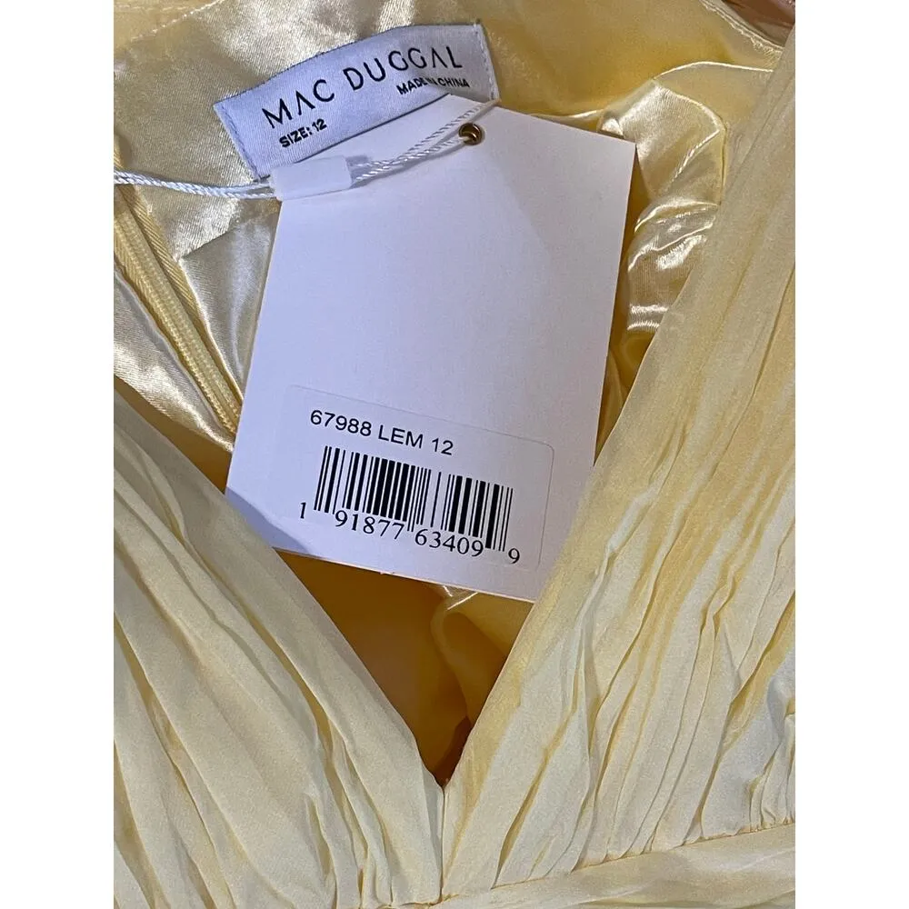 Mac Duggal NWT Size 12 Style 67988 Lemon Yellow Chiffon Layered Cut Out Ballgown - Image 9